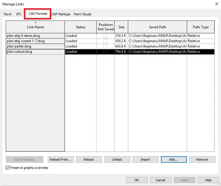 Fereastra manage links